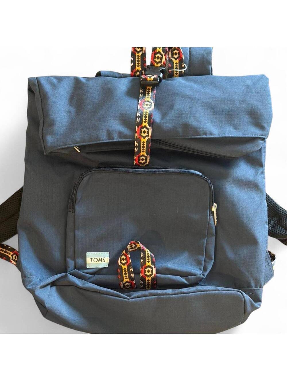 TOMS Blue Roll-Top Backpack with Patterned Straps